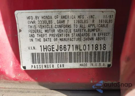 1998 Honda Civic Lx из США, поврежденный, VIN 1HGEJ6671WL011818